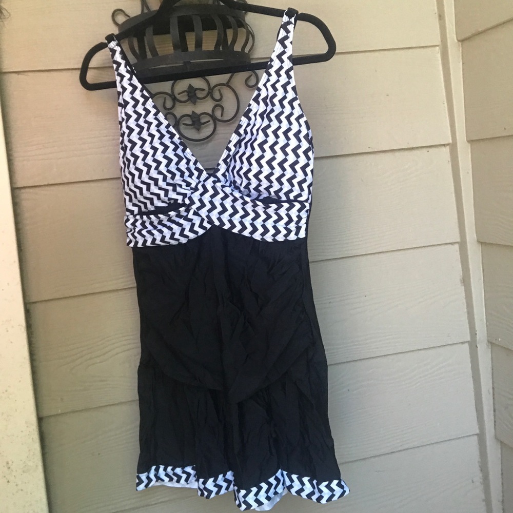 NWT Bathing Suit DRESS black white teal